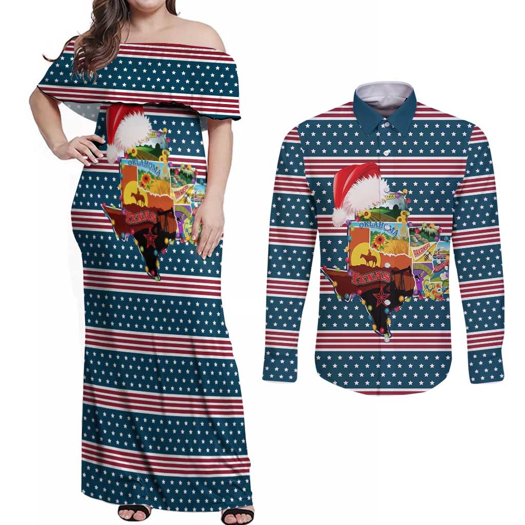 Texas Xmas Christmas Christmas Yall Christmas Couples Matching Off Shoulder Maxi Dress and Long Sleeve Button Shirt Xmas Holiday Patterns - Wonder Print Shop