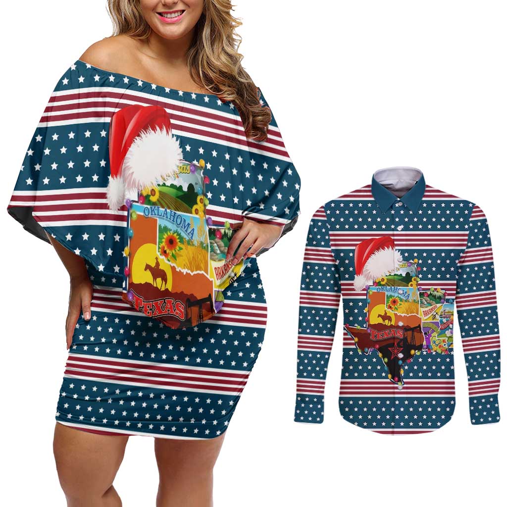 Texas Xmas Christmas Christmas Yall Christmas Couples Matching Off Shoulder Short Dress and Long Sleeve Button Shirt Xmas Holiday Patterns - Wonder Print Shop