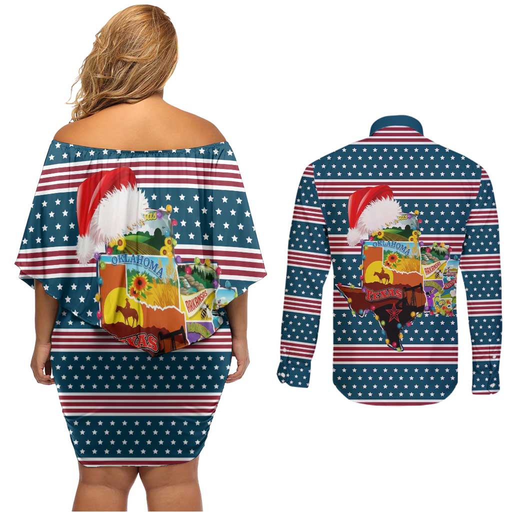 Texas Xmas Christmas Christmas Yall Christmas Couples Matching Off Shoulder Short Dress and Long Sleeve Button Shirt Xmas Holiday Patterns - Wonder Print Shop
