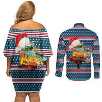 Texas Xmas Christmas Christmas Yall Christmas Couples Matching Off Shoulder Short Dress and Long Sleeve Button Shirt Xmas Holiday Patterns - Wonder Print Shop