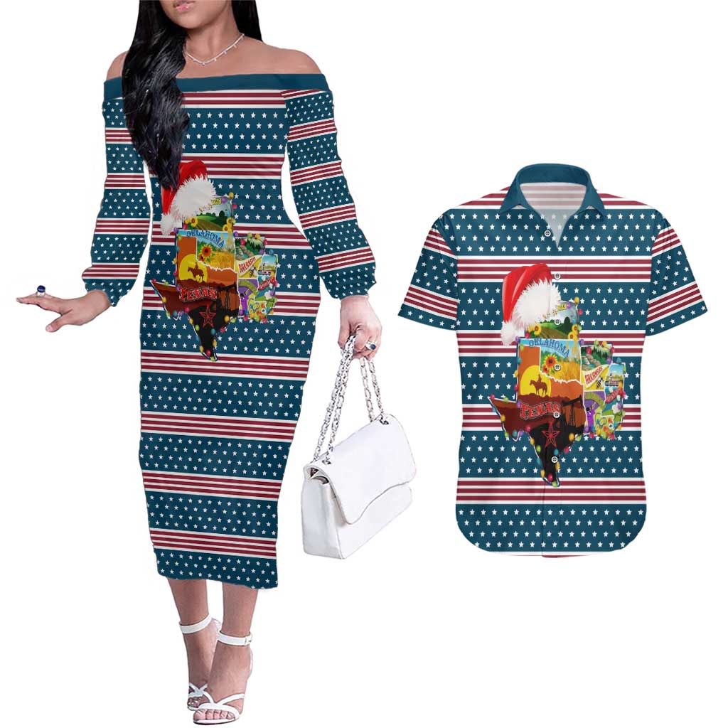 Texas Xmas Christmas Christmas Yall Christmas Couples Matching Off The Shoulder Long Sleeve Dress and Hawaiian Shirt Xmas Holiday Patterns - Wonder Print Shop