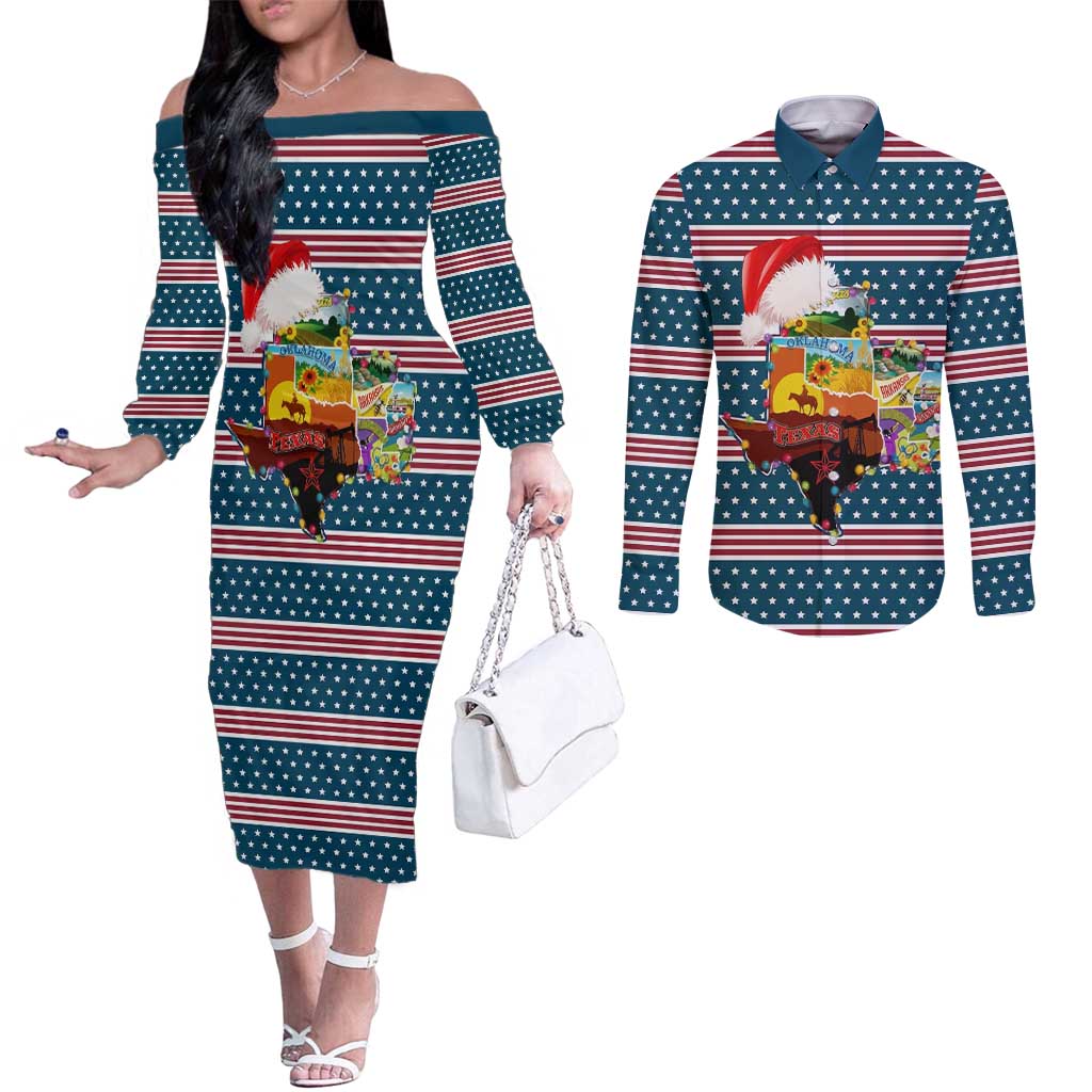 Texas Xmas Christmas Christmas Yall Christmas Couples Matching Off The Shoulder Long Sleeve Dress and Long Sleeve Button Shirt Xmas Holiday Patterns - Wonder Print Shop