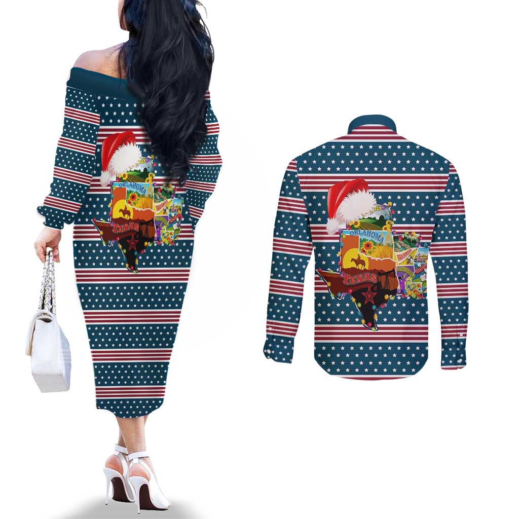 Texas Xmas Christmas Christmas Yall Christmas Couples Matching Off The Shoulder Long Sleeve Dress and Long Sleeve Button Shirt Xmas Holiday Patterns - Wonder Print Shop