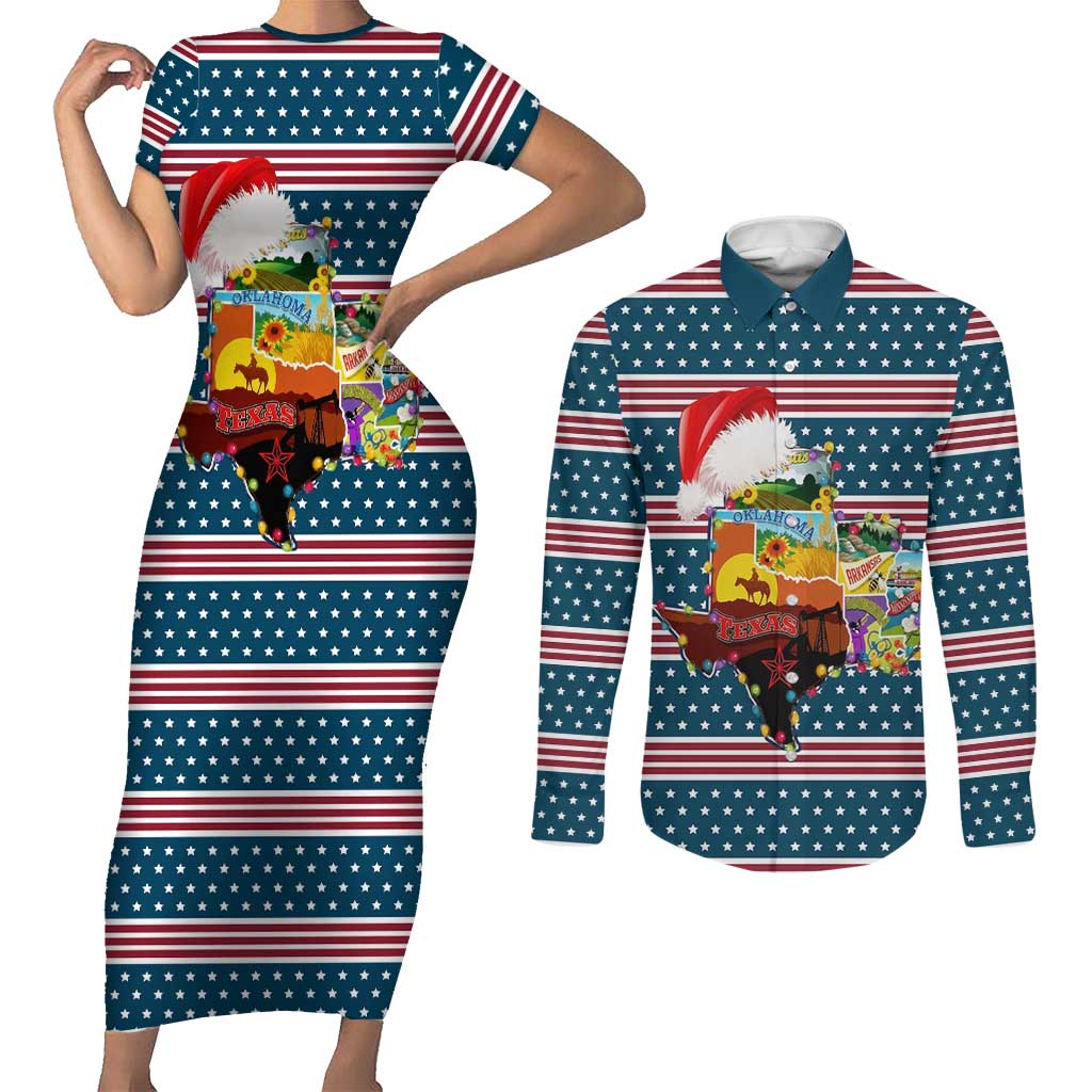 Texas Xmas Christmas Christmas Yall Christmas Couples Matching Short Sleeve Bodycon Dress and Long Sleeve Button Shirt Xmas Holiday Patterns - Wonder Print Shop