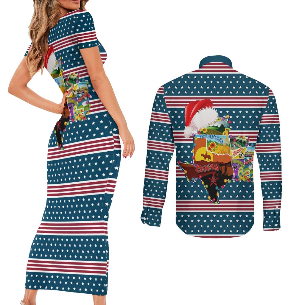 Texas Xmas Christmas Christmas Yall Christmas Couples Matching Short Sleeve Bodycon Dress and Long Sleeve Button Shirt Xmas Holiday Patterns - Wonder Print Shop