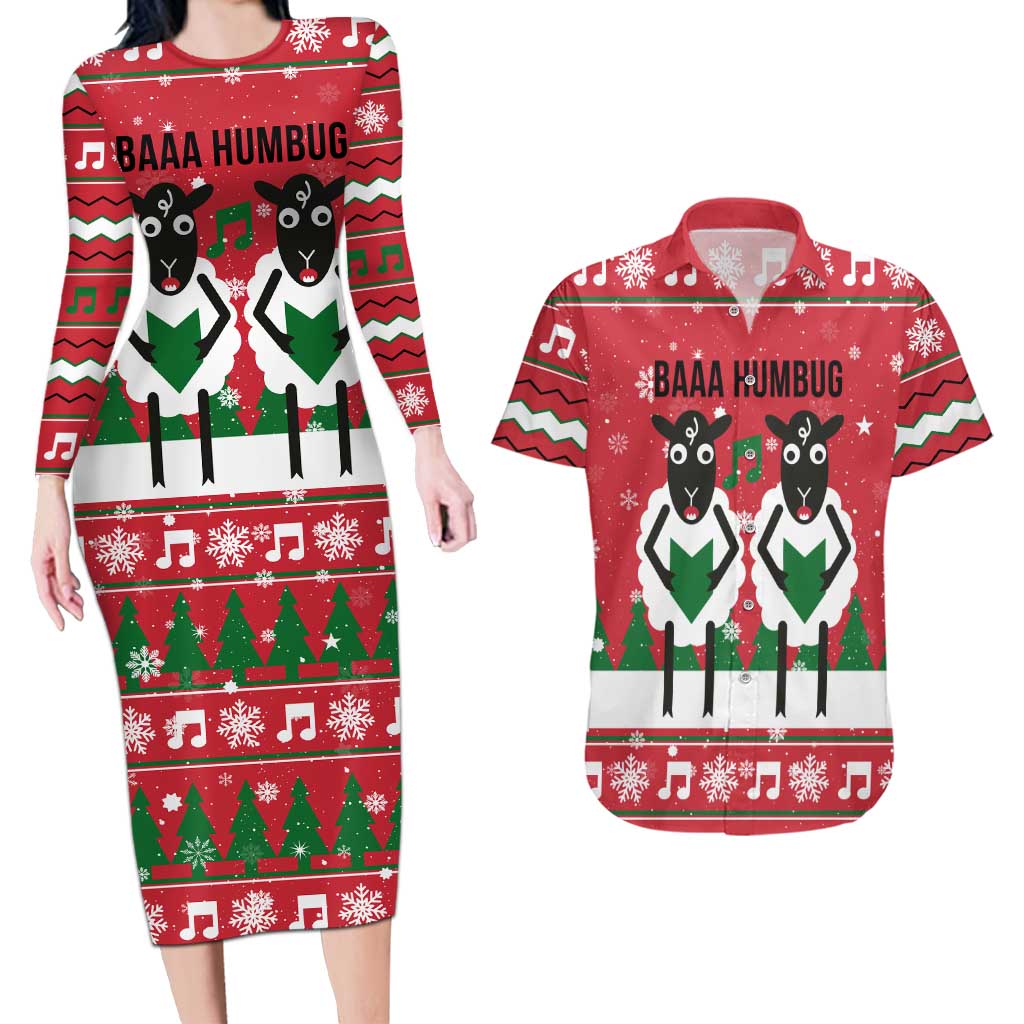 Vintage Sheep Music Christmas Couples Matching Long Sleeve Bodycon Dress and Hawaiian Shirt Xmas Holiday Patterns - Wonder Print Shop