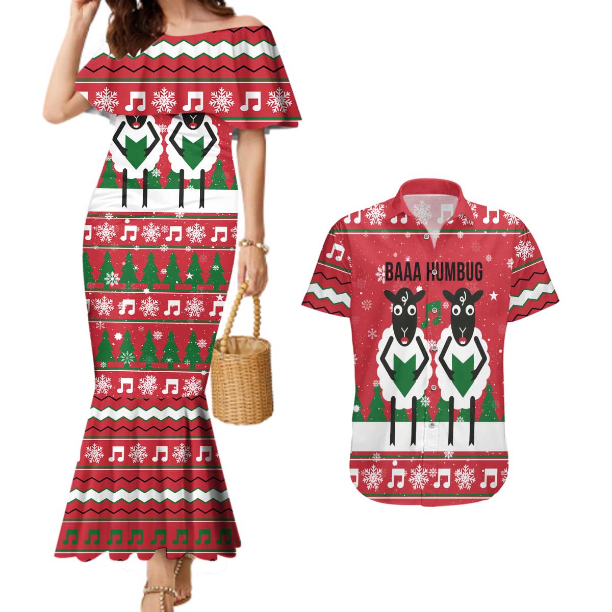 Vintage Sheep Music Christmas Couples Matching Mermaid Dress and Hawaiian Shirt Xmas Holiday Patterns - Wonder Print Shop