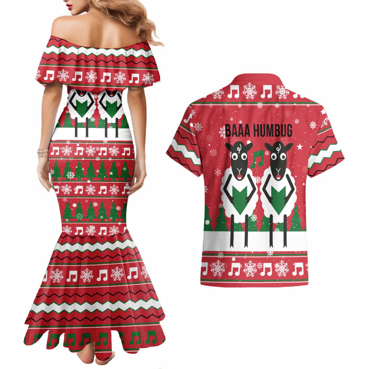 Vintage Sheep Music Christmas Couples Matching Mermaid Dress and Hawaiian Shirt Xmas Holiday Patterns - Wonder Print Shop