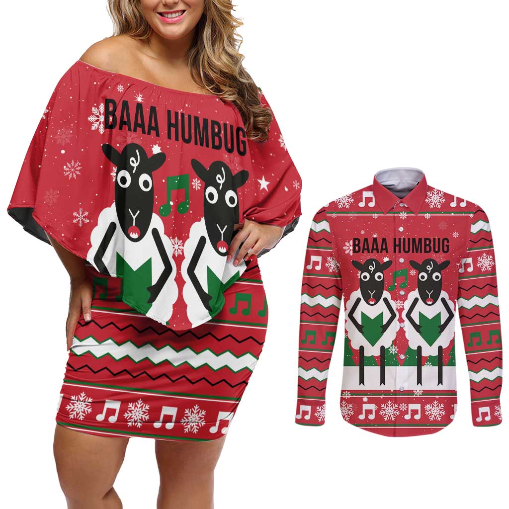Vintage Sheep Music Christmas Couples Matching Off Shoulder Short Dress and Long Sleeve Button Shirt Xmas Holiday Patterns - Wonder Print Shop
