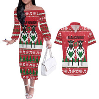Vintage Sheep Music Christmas Couples Matching Off The Shoulder Long Sleeve Dress and Hawaiian Shirt Xmas Holiday Patterns - Wonder Print Shop