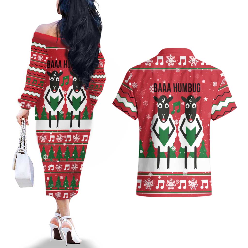 Vintage Sheep Music Christmas Couples Matching Off The Shoulder Long Sleeve Dress and Hawaiian Shirt Xmas Holiday Patterns - Wonder Print Shop