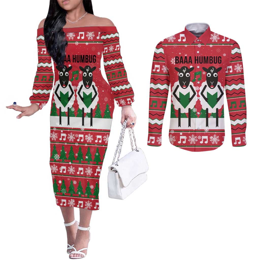 Vintage Sheep Music Christmas Couples Matching Off The Shoulder Long Sleeve Dress and Long Sleeve Button Shirt Xmas Holiday Patterns - undefined