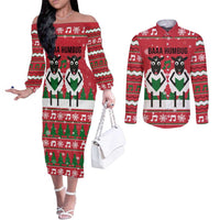 Vintage Sheep Music Christmas Couples Matching Off The Shoulder Long Sleeve Dress and Long Sleeve Button Shirt Xmas Holiday Patterns - undefined