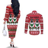 Vintage Sheep Music Christmas Couples Matching Off The Shoulder Long Sleeve Dress and Long Sleeve Button Shirt Xmas Holiday Patterns - undefined