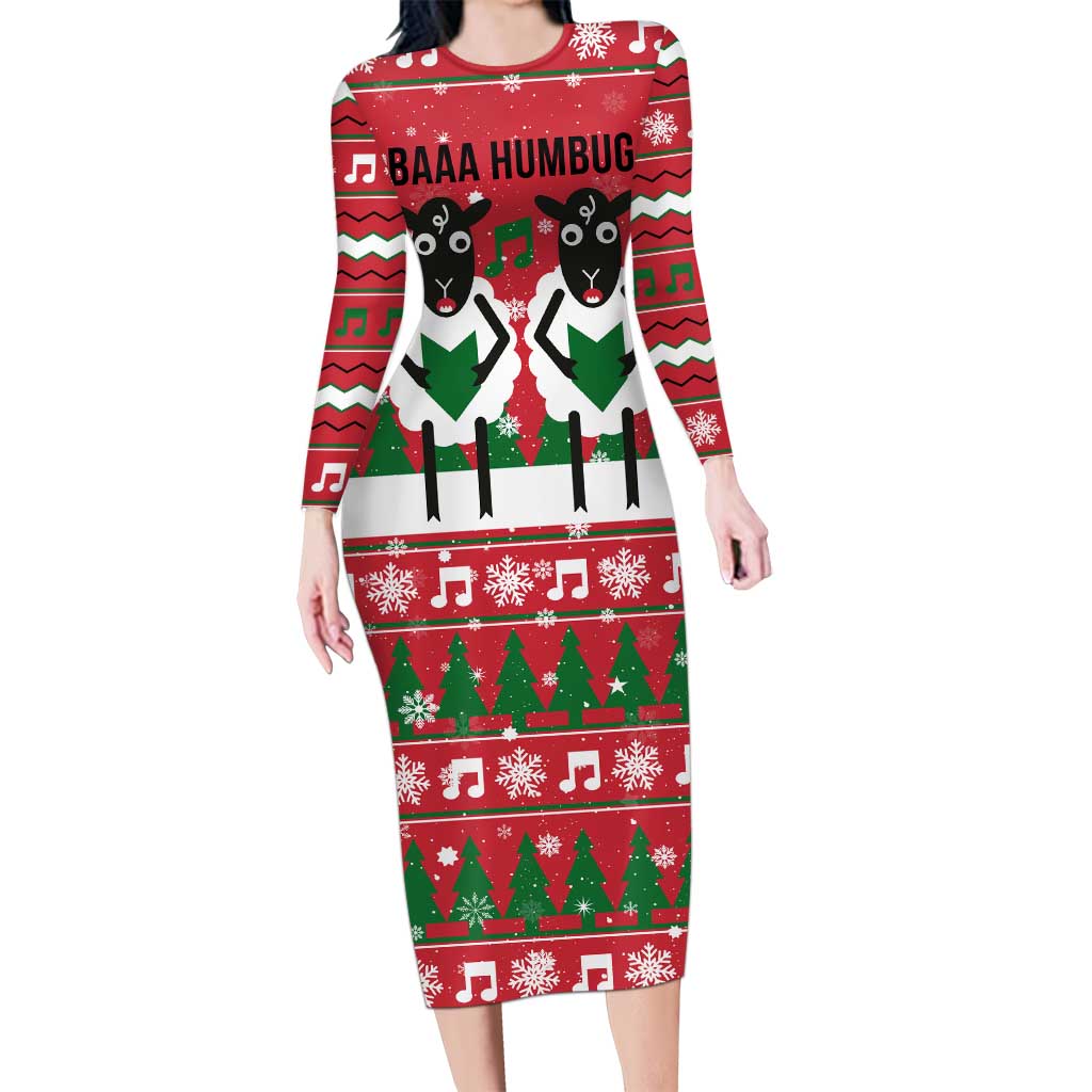 Vintage Sheep Music Christmas Long Sleeve Bodycon Dress Xmas Holiday Patterns - Wonder Print Shop