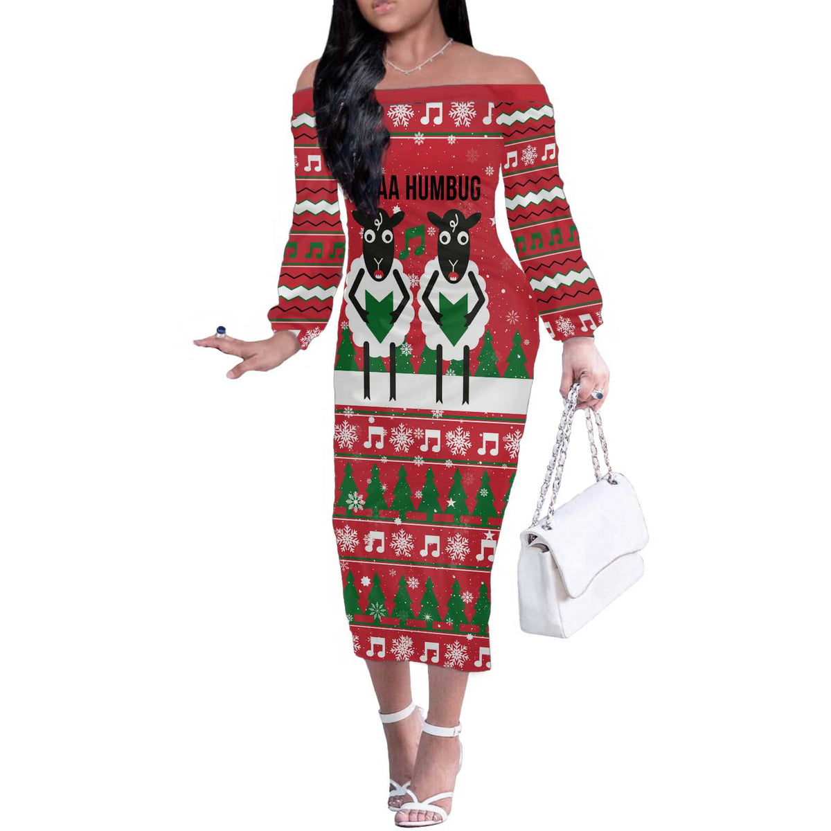 Vintage Sheep Music Christmas Off The Shoulder Long Sleeve Dress Xmas Holiday Patterns - Wonder Print Shop