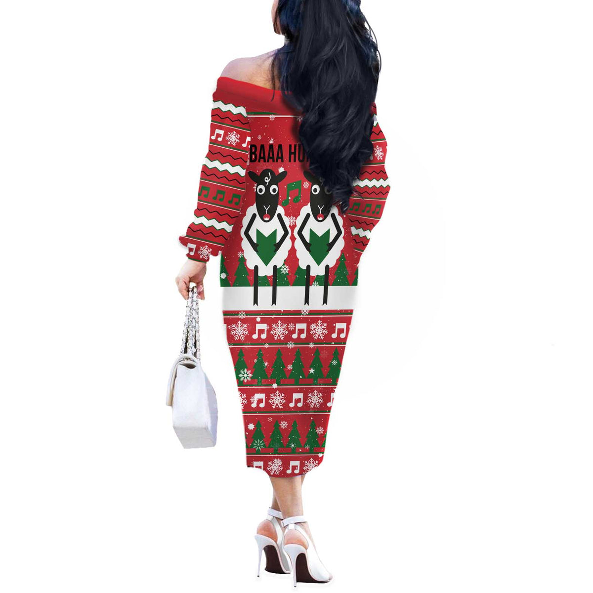 Vintage Sheep Music Christmas Off The Shoulder Long Sleeve Dress Xmas Holiday Patterns - Wonder Print Shop