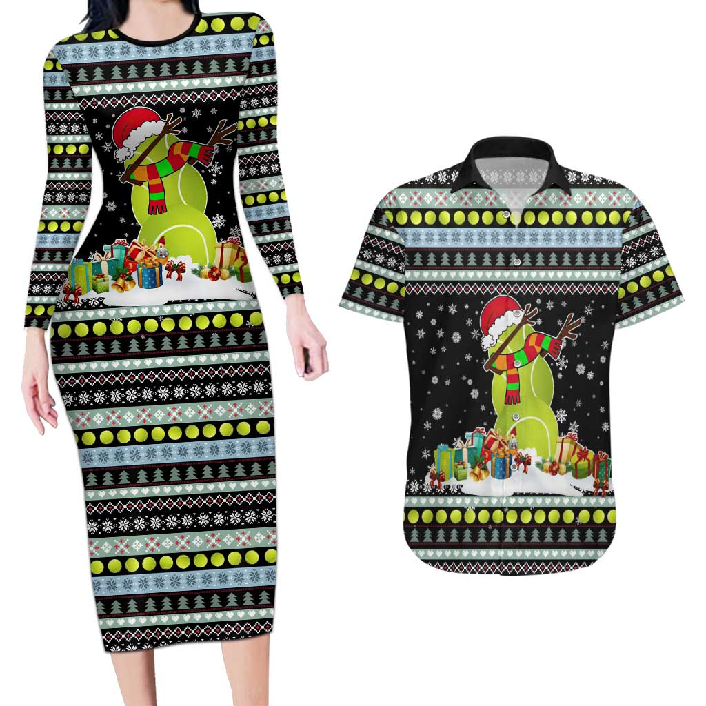 Tennis Snowman Christmas Couples Matching Long Sleeve Bodycon Dress and Hawaiian Shirt Xmas Holiday Patterns - Wonder Print Shop