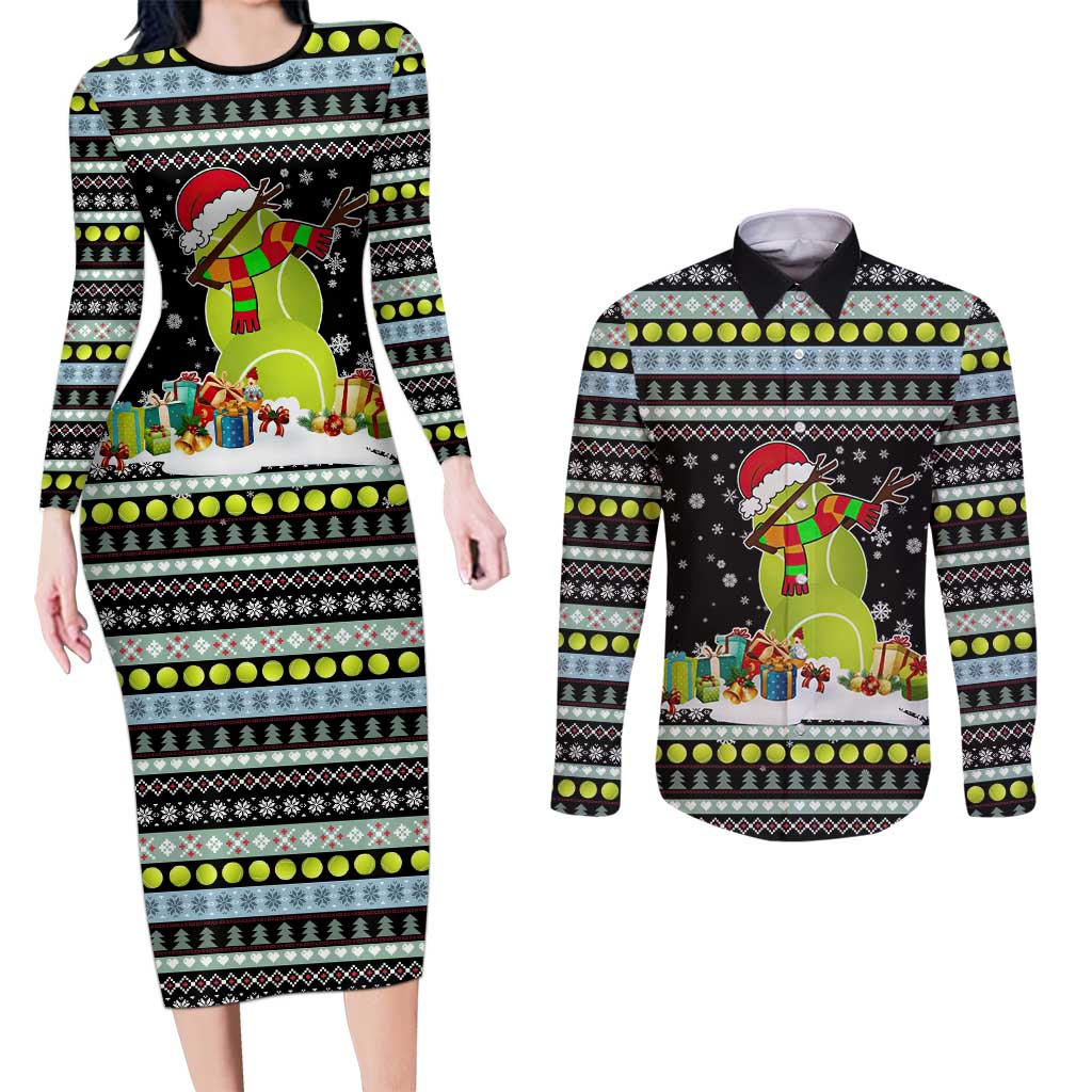 Tennis Snowman Christmas Couples Matching Long Sleeve Bodycon Dress and Long Sleeve Button Shirt Xmas Holiday Patterns - Wonder Print Shop