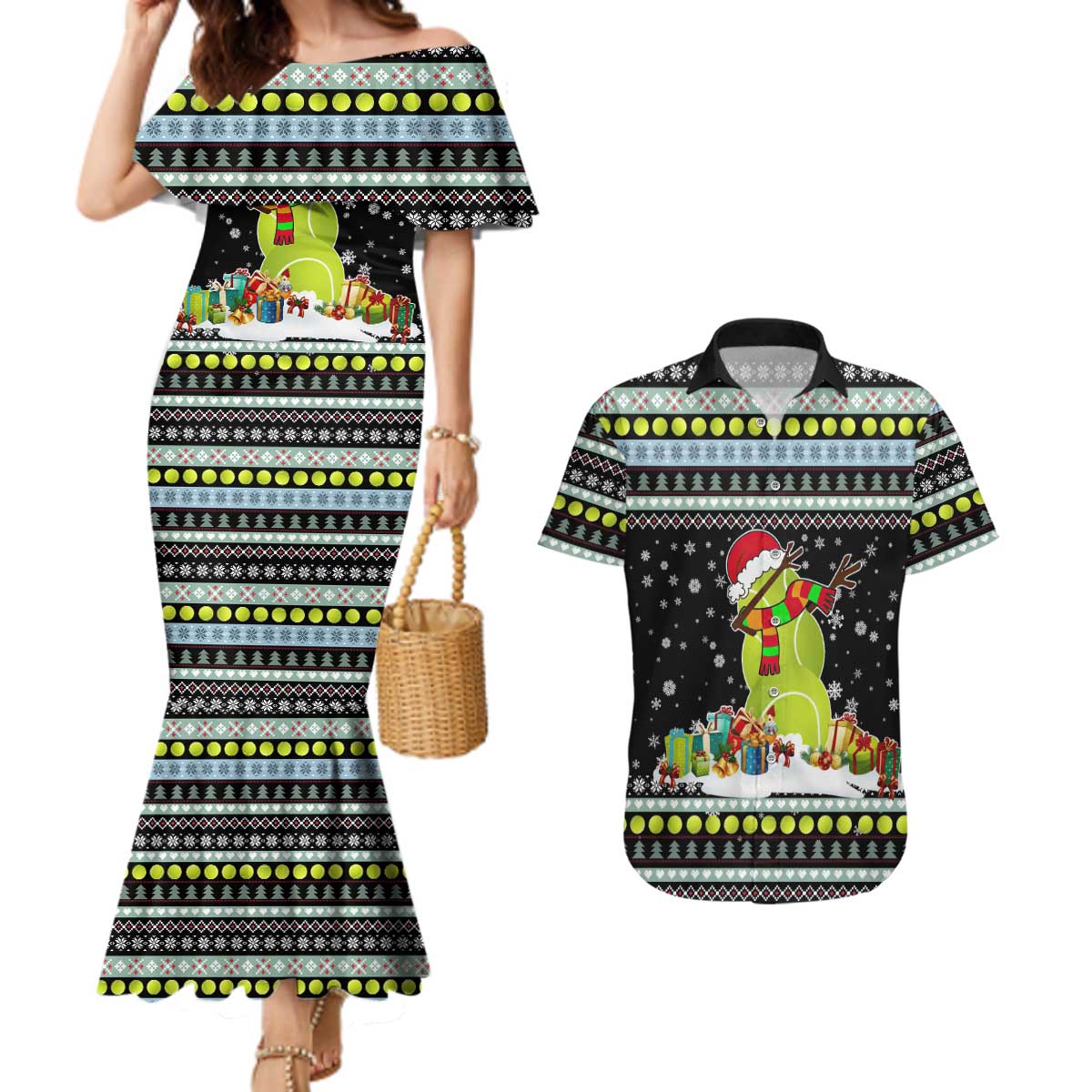 Tennis Snowman Christmas Couples Matching Mermaid Dress and Hawaiian Shirt Xmas Holiday Patterns - Wonder Print Shop