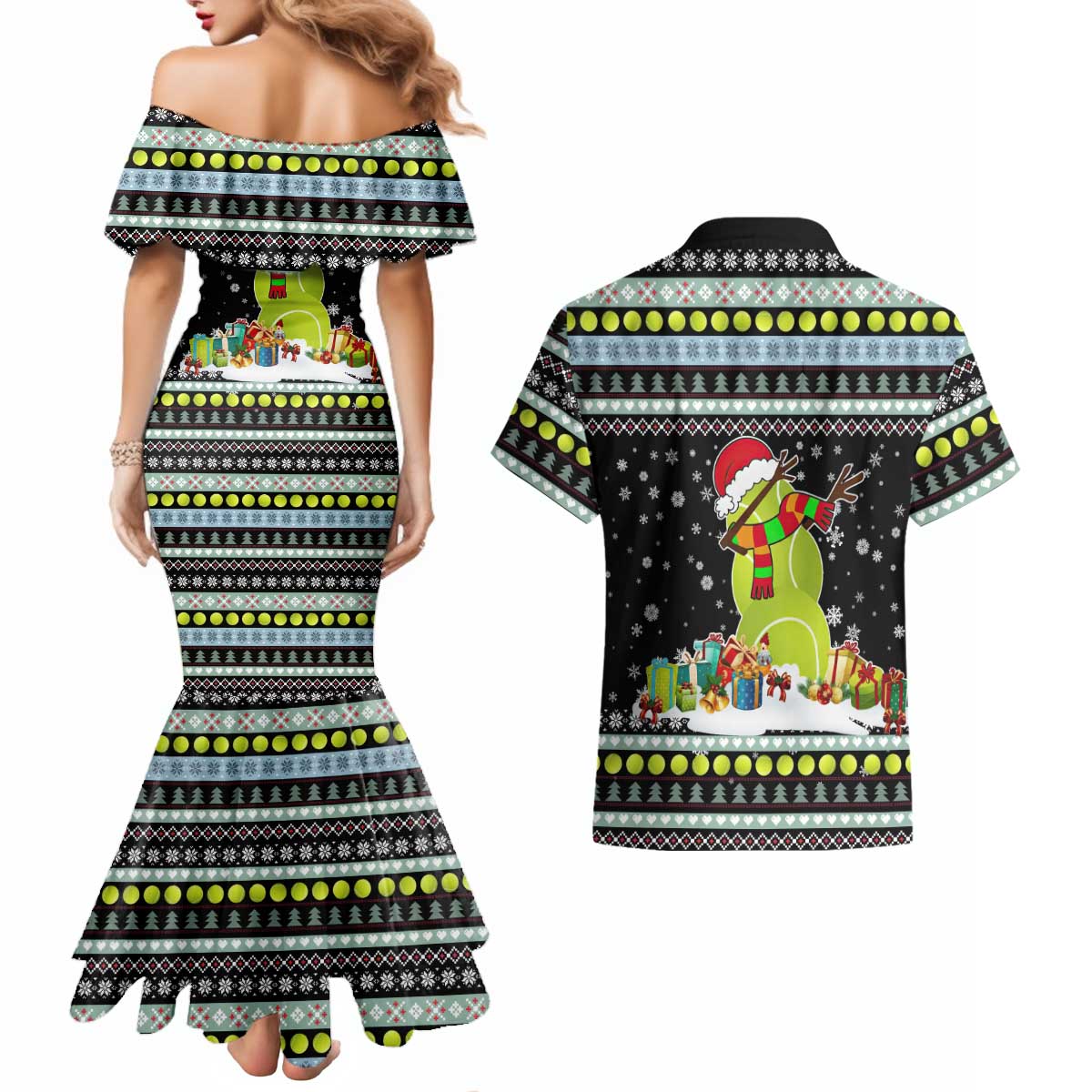 Tennis Snowman Christmas Couples Matching Mermaid Dress and Hawaiian Shirt Xmas Holiday Patterns - Wonder Print Shop