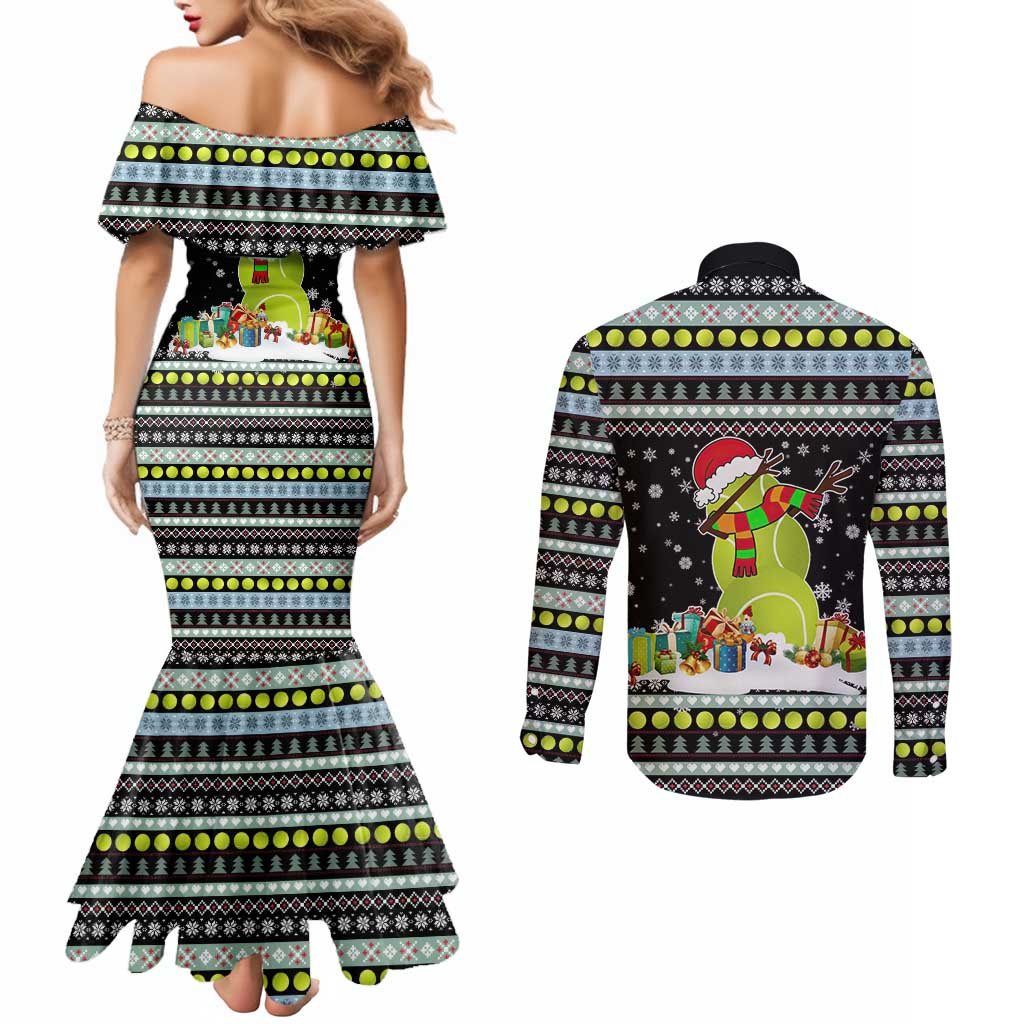 Tennis Snowman Christmas Couples Matching Mermaid Dress and Long Sleeve Button Shirt Xmas Holiday Patterns - Wonder Print Shop