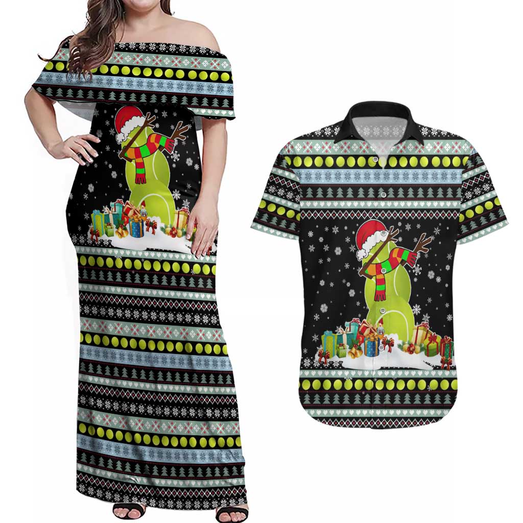 Tennis Snowman Christmas Couples Matching Off Shoulder Maxi Dress and Hawaiian Shirt Xmas Holiday Patterns - Wonder Print Shop