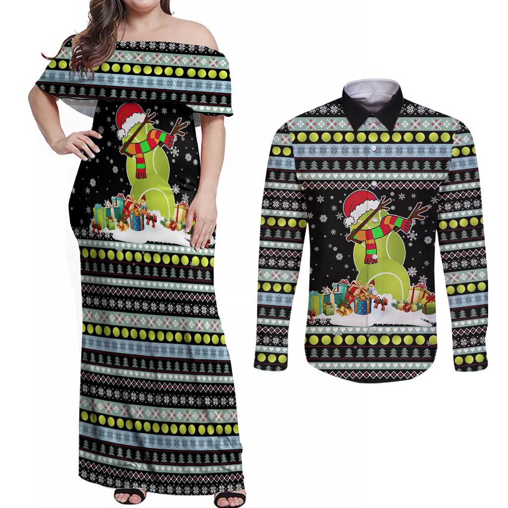 Tennis Snowman Christmas Couples Matching Off Shoulder Maxi Dress and Long Sleeve Button Shirt Xmas Holiday Patterns - Wonder Print Shop