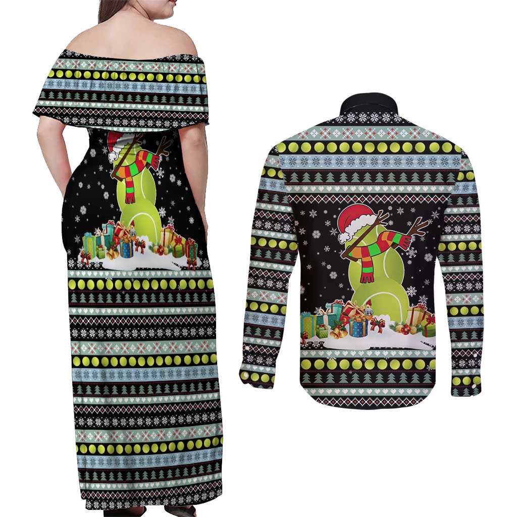 Tennis Snowman Christmas Couples Matching Off Shoulder Maxi Dress and Long Sleeve Button Shirt Xmas Holiday Patterns - Wonder Print Shop