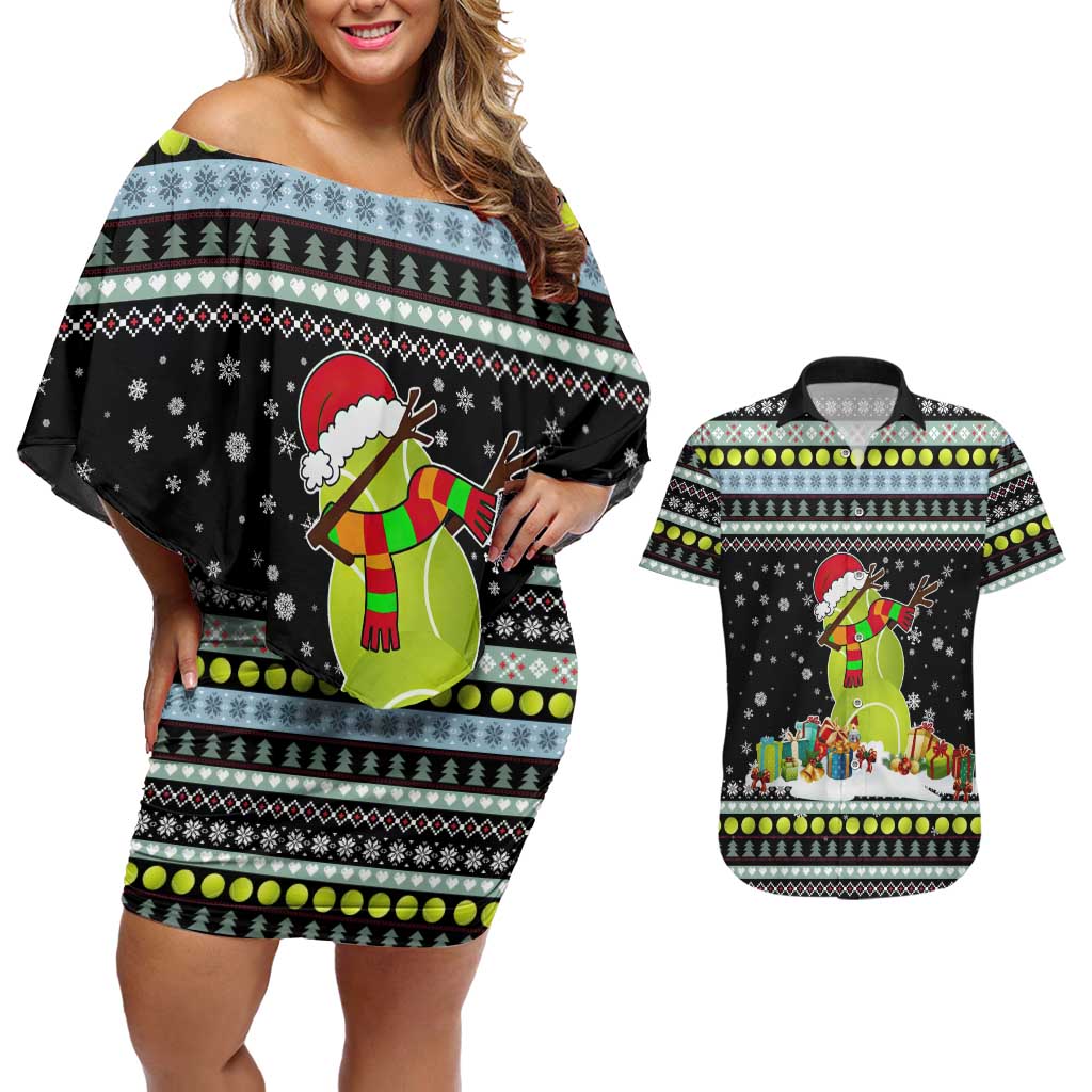 Tennis Snowman Christmas Couples Matching Off Shoulder Short Dress and Hawaiian Shirt Xmas Holiday Patterns - Wonder Print Shop