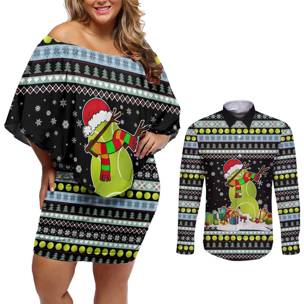 Tennis Snowman Christmas Couples Matching Off Shoulder Short Dress and Long Sleeve Button Shirt Xmas Holiday Patterns - Wonder Print Shop