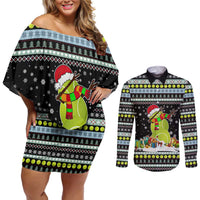 Tennis Snowman Christmas Couples Matching Off Shoulder Short Dress and Long Sleeve Button Shirt Xmas Holiday Patterns - Wonder Print Shop