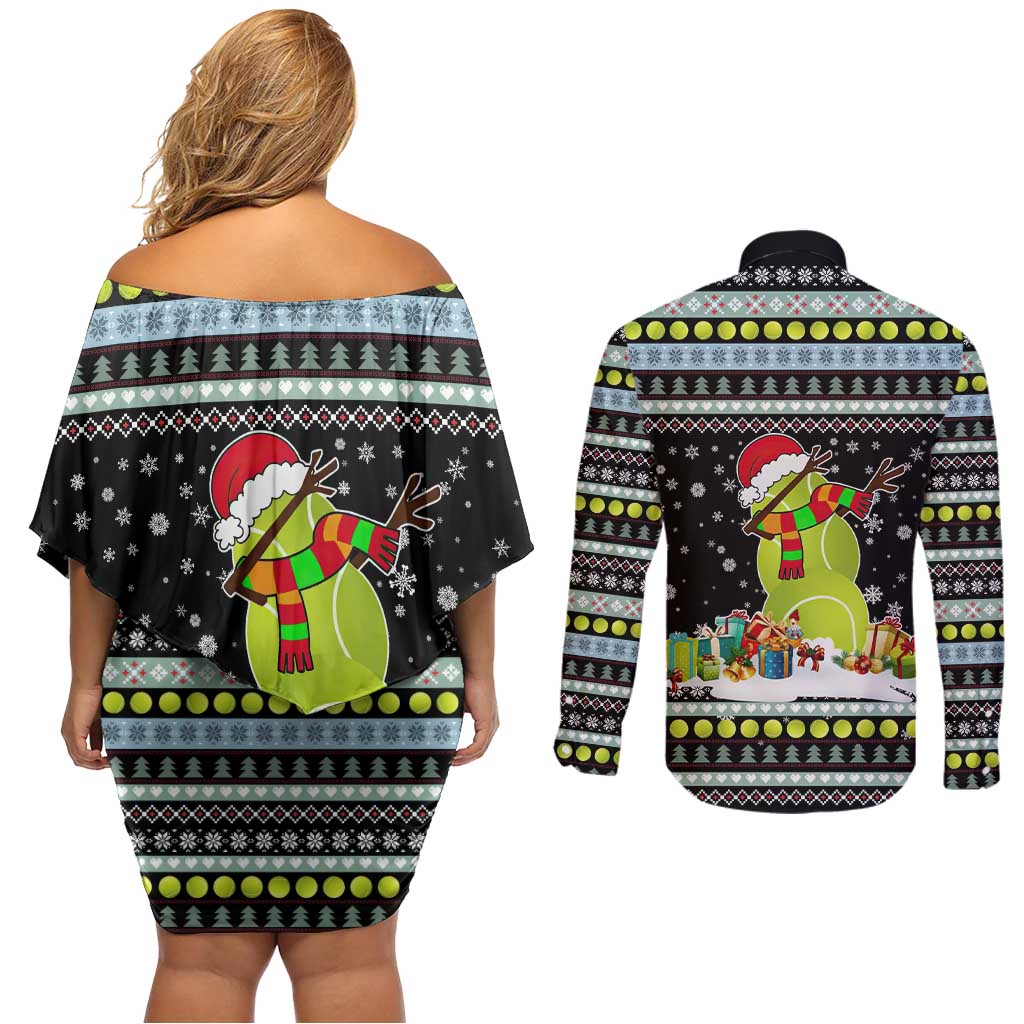 Tennis Snowman Christmas Couples Matching Off Shoulder Short Dress and Long Sleeve Button Shirt Xmas Holiday Patterns - Wonder Print Shop