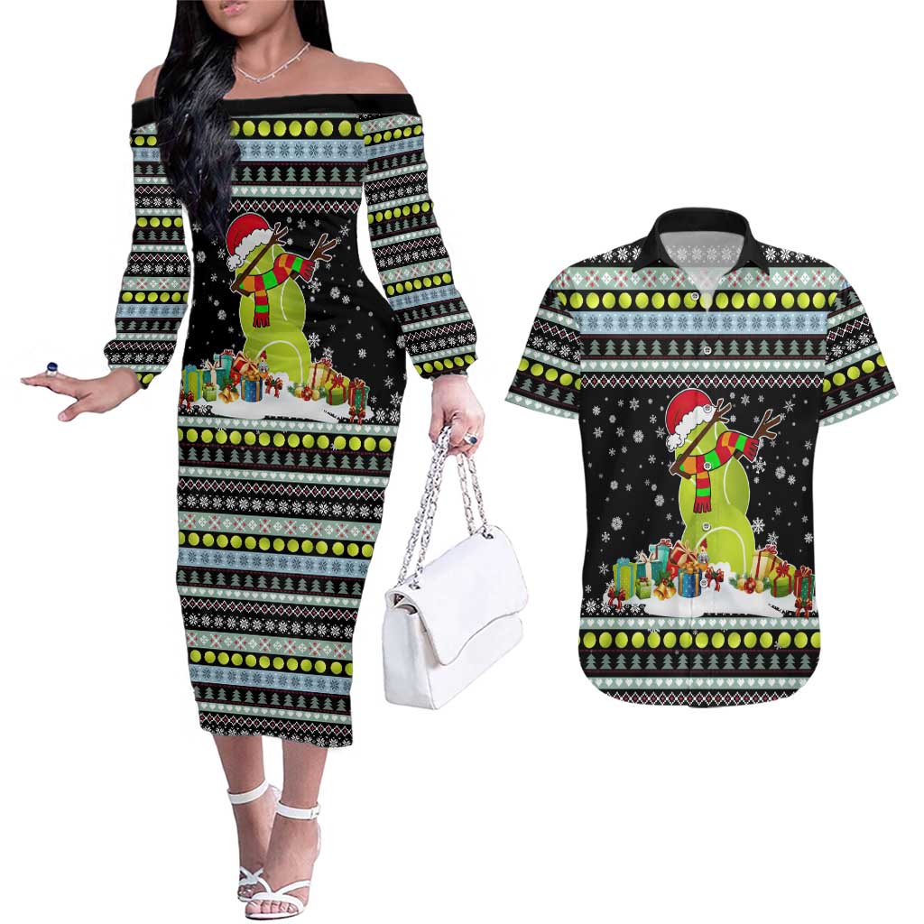 Tennis Snowman Christmas Couples Matching Off The Shoulder Long Sleeve Dress and Hawaiian Shirt Xmas Holiday Patterns - Wonder Print Shop