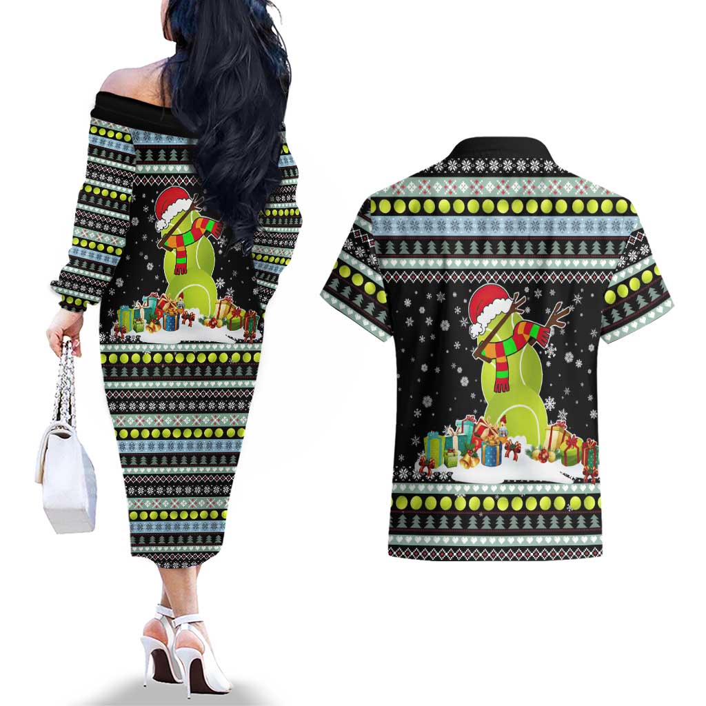 Tennis Snowman Christmas Couples Matching Off The Shoulder Long Sleeve Dress and Hawaiian Shirt Xmas Holiday Patterns - Wonder Print Shop