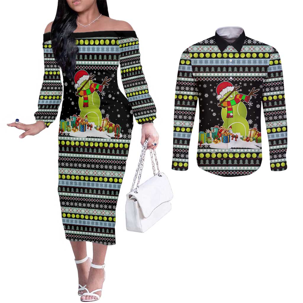 Tennis Snowman Christmas Couples Matching Off The Shoulder Long Sleeve Dress and Long Sleeve Button Shirt Xmas Holiday Patterns - Wonder Print Shop