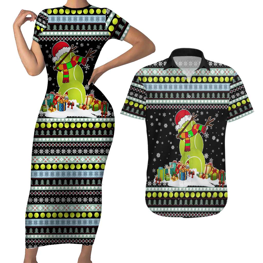 Tennis Snowman Christmas Couples Matching Short Sleeve Bodycon Dress and Hawaiian Shirt Xmas Holiday Patterns - Wonder Print Shop