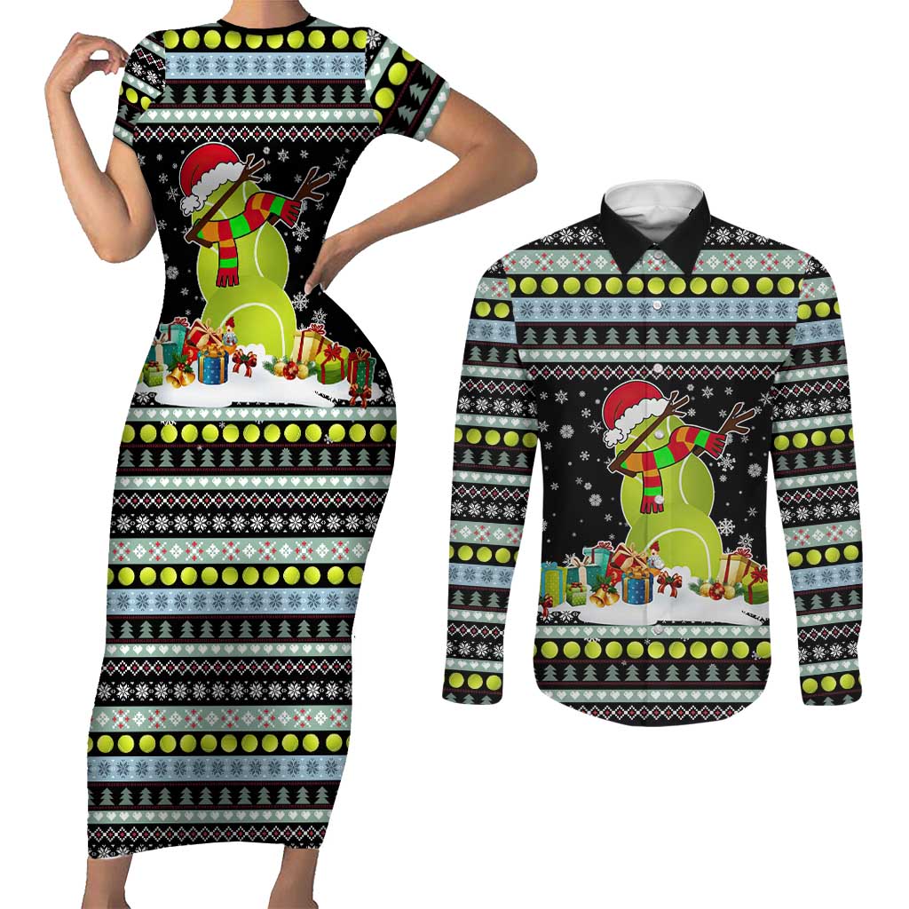 Tennis Snowman Christmas Couples Matching Short Sleeve Bodycon Dress and Long Sleeve Button Shirt Xmas Holiday Patterns - Wonder Print Shop
