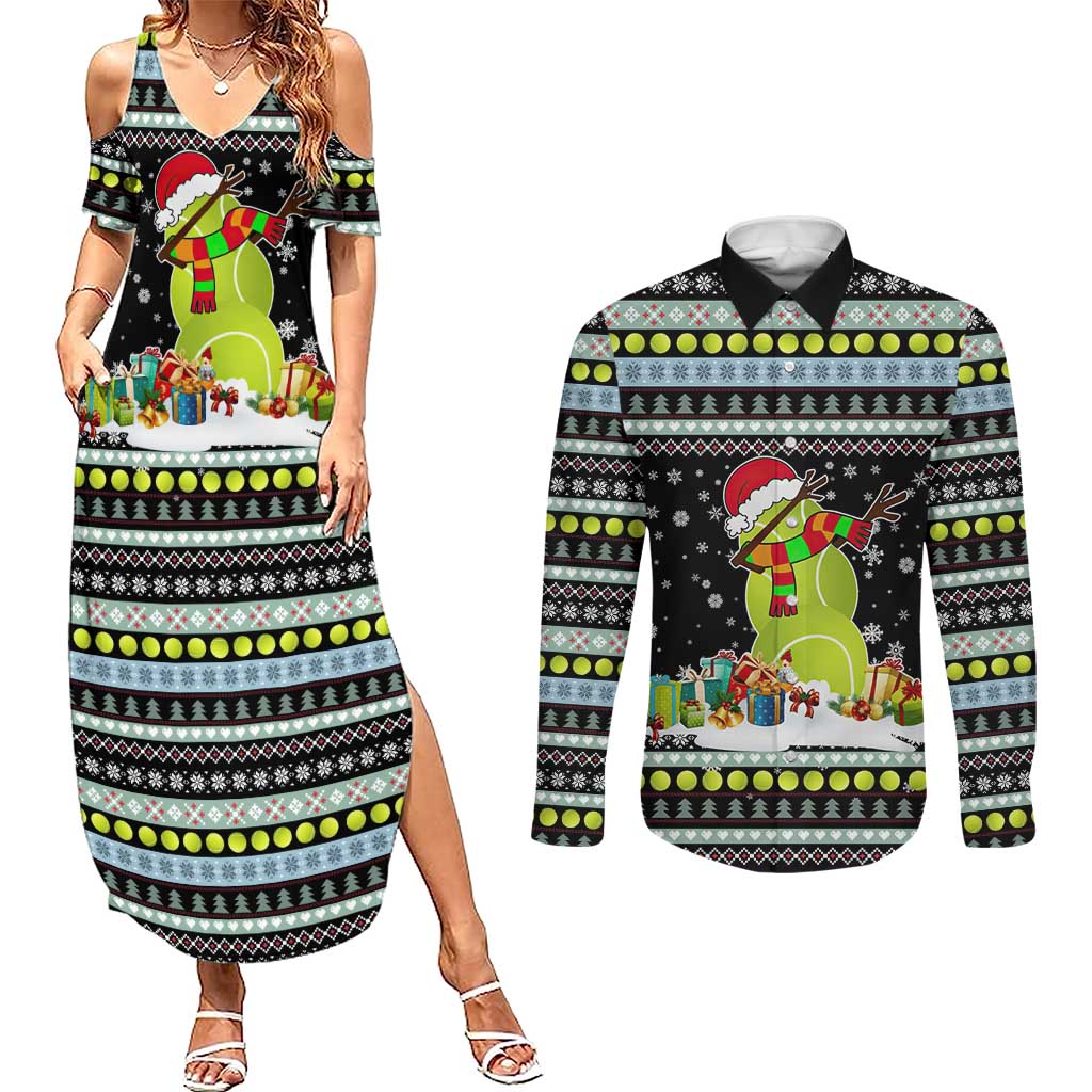 Tennis Snowman Christmas Couples Matching Summer Maxi Dress and Long Sleeve Button Shirt Xmas Holiday Patterns - Wonder Print Shop
