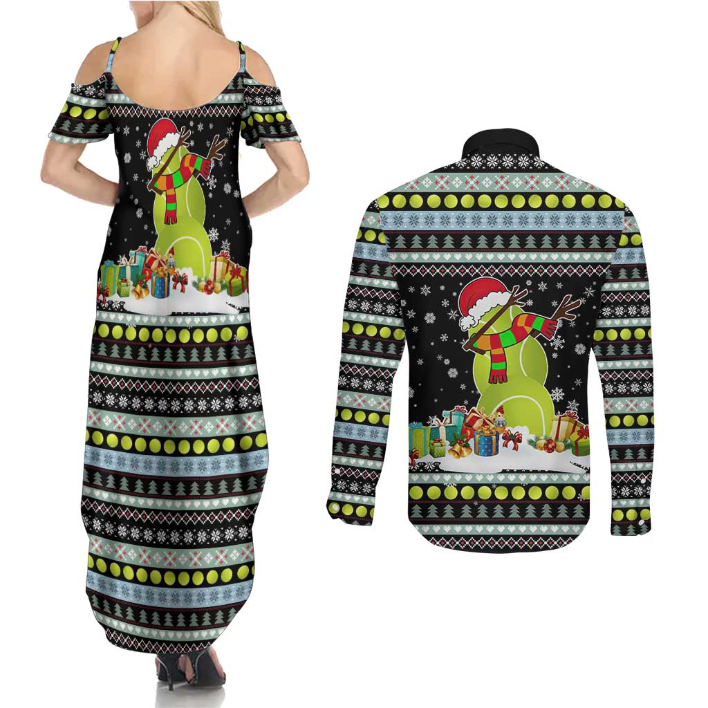 Tennis Snowman Christmas Couples Matching Summer Maxi Dress and Long Sleeve Button Shirt Xmas Holiday Patterns - Wonder Print Shop
