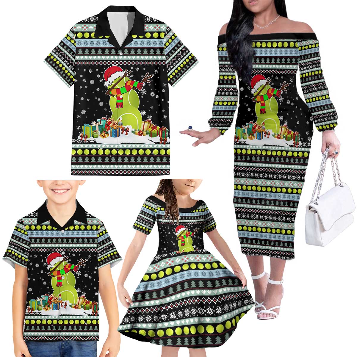 Tennis Snowman Christmas Family Matching Off The Shoulder Long Sleeve Dress and Hawaiian Shirt Xmas Holiday Patterns - Wonder Print Shop