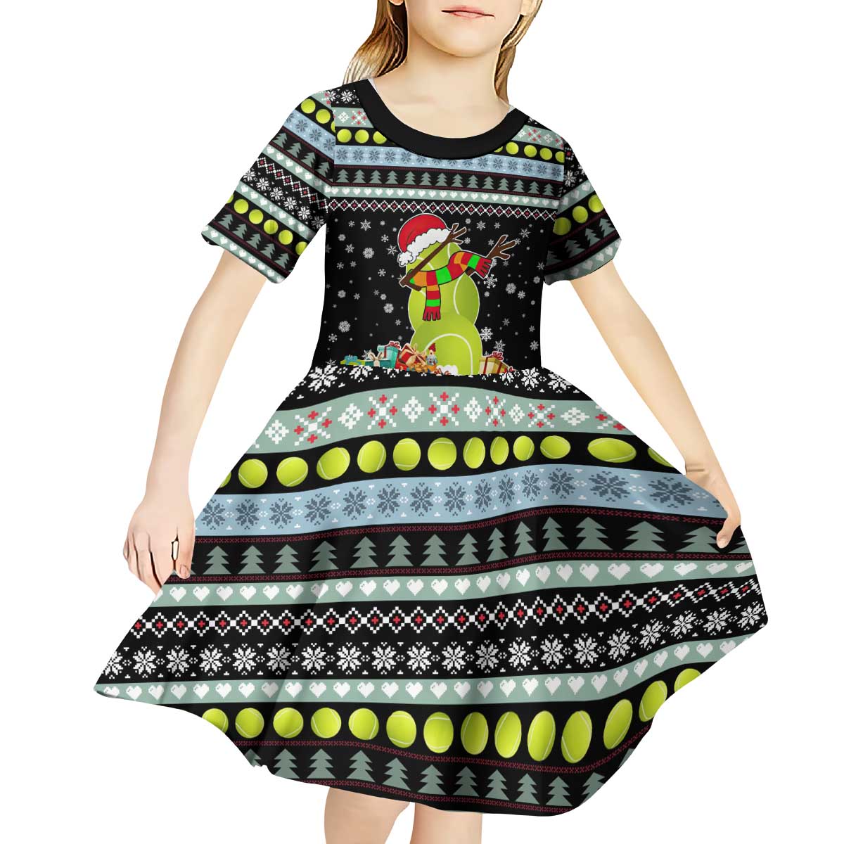 Tennis Snowman Christmas Kid Short Sleeve Dress Xmas Holiday Patterns - Wonder Print Shop