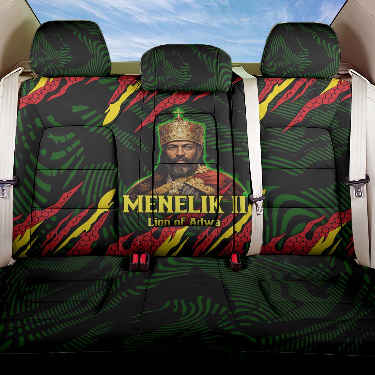Menelik II Back Car Seat Cover with Lion of Adwa Title, Battle of Adwa 1896 Graphic and Bold Pan-African - Wonder Print Shop
