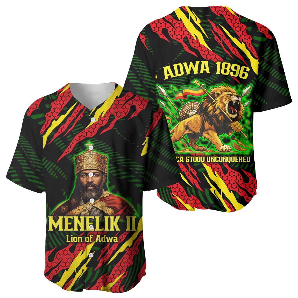 Menelik II Baseball Jersey with Lion of Adwa Title, Battle of Adwa 1896 Graphic and Bold Pan-African - Wonder Print Shop