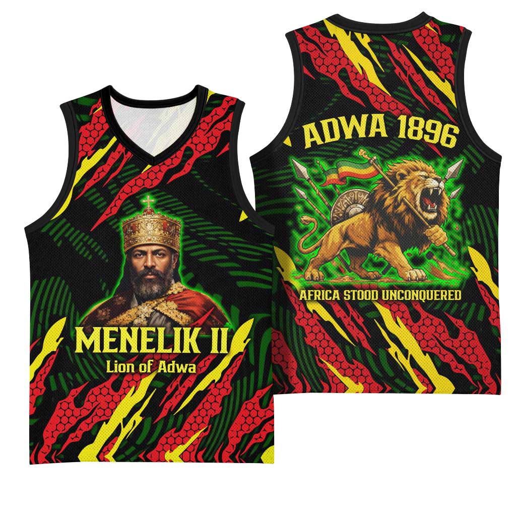 Menelik II Basketball Jersey with Lion of Adwa Title, Battle of Adwa 1896 Graphic and Bold Pan-African - Wonder Print Shop