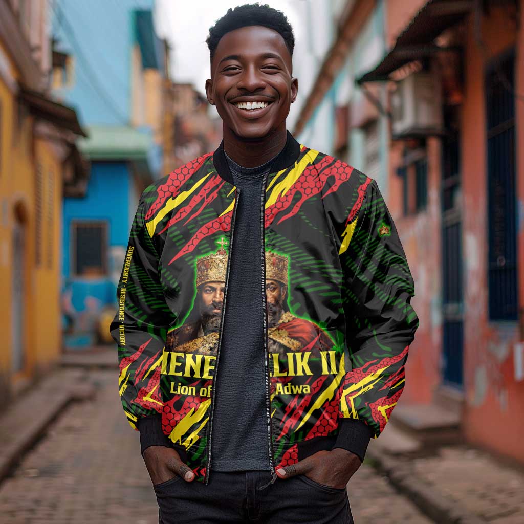 Menelik II Bomber Jacket with Lion of Adwa Title, Battle of Adwa 1896 Graphic and Bold Pan-African - Wonder Print Shop