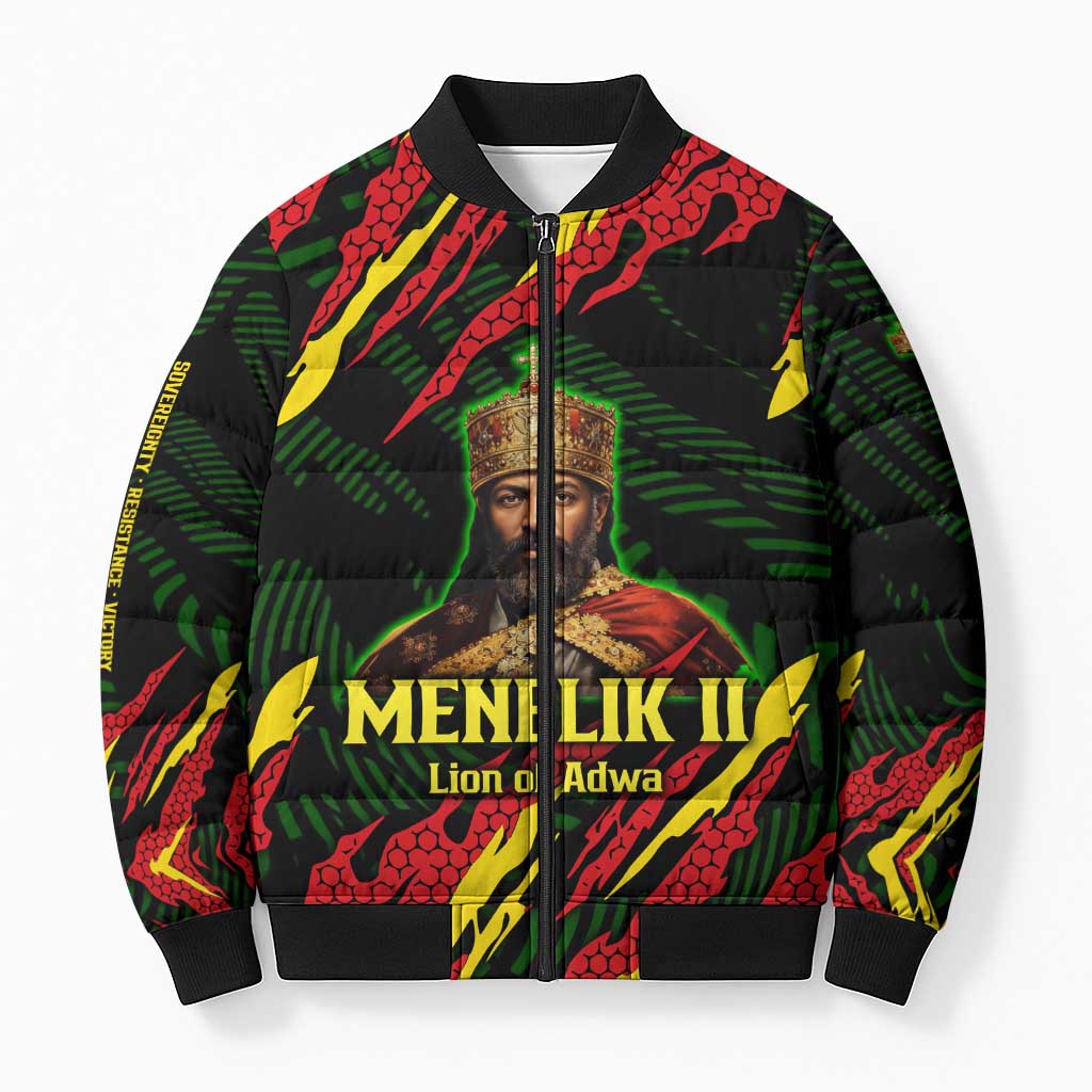 Menelik II Bomber Puffer Jacket with Lion of Adwa Title, Battle of Adwa 1896 Graphic and Bold Pan-African - Wonder Print Shop