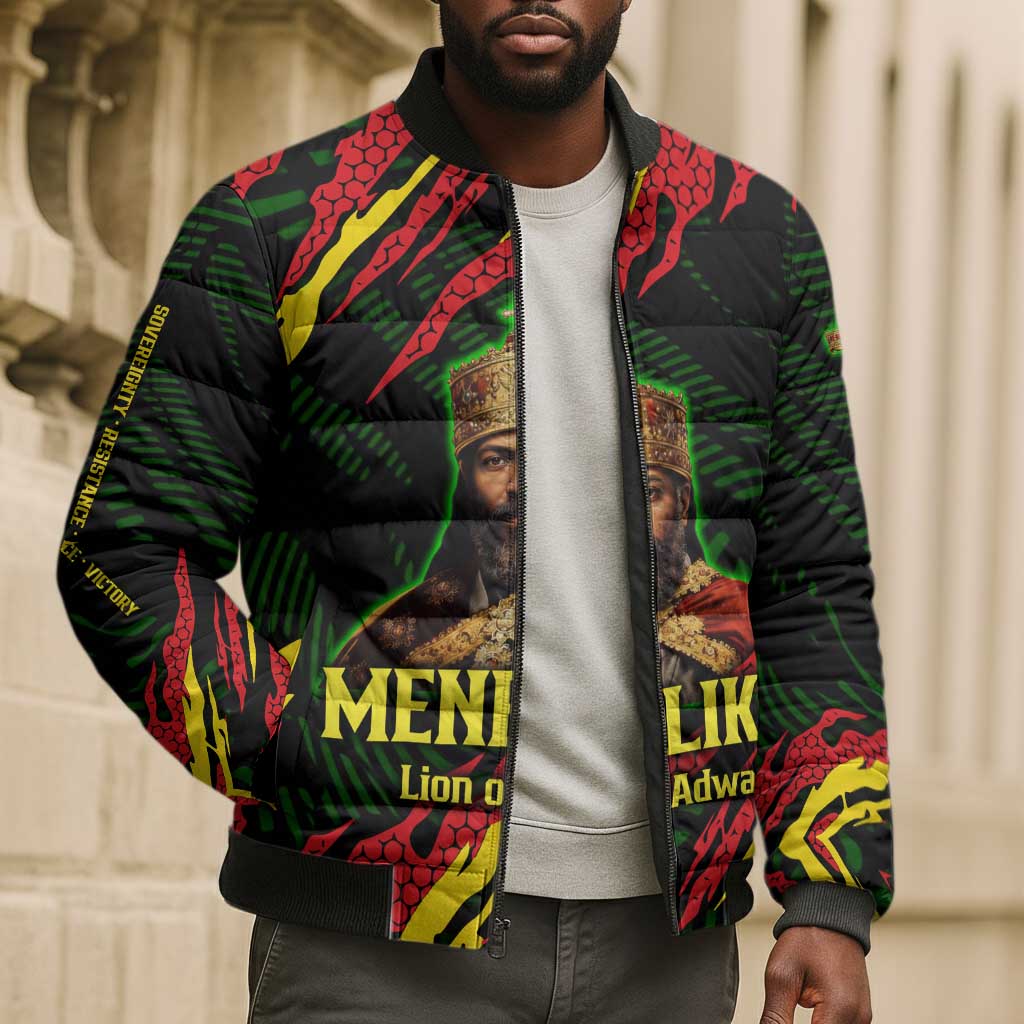 Menelik II Bomber Puffer Jacket with Lion of Adwa Title, Battle of Adwa 1896 Graphic and Bold Pan-African - Wonder Print Shop