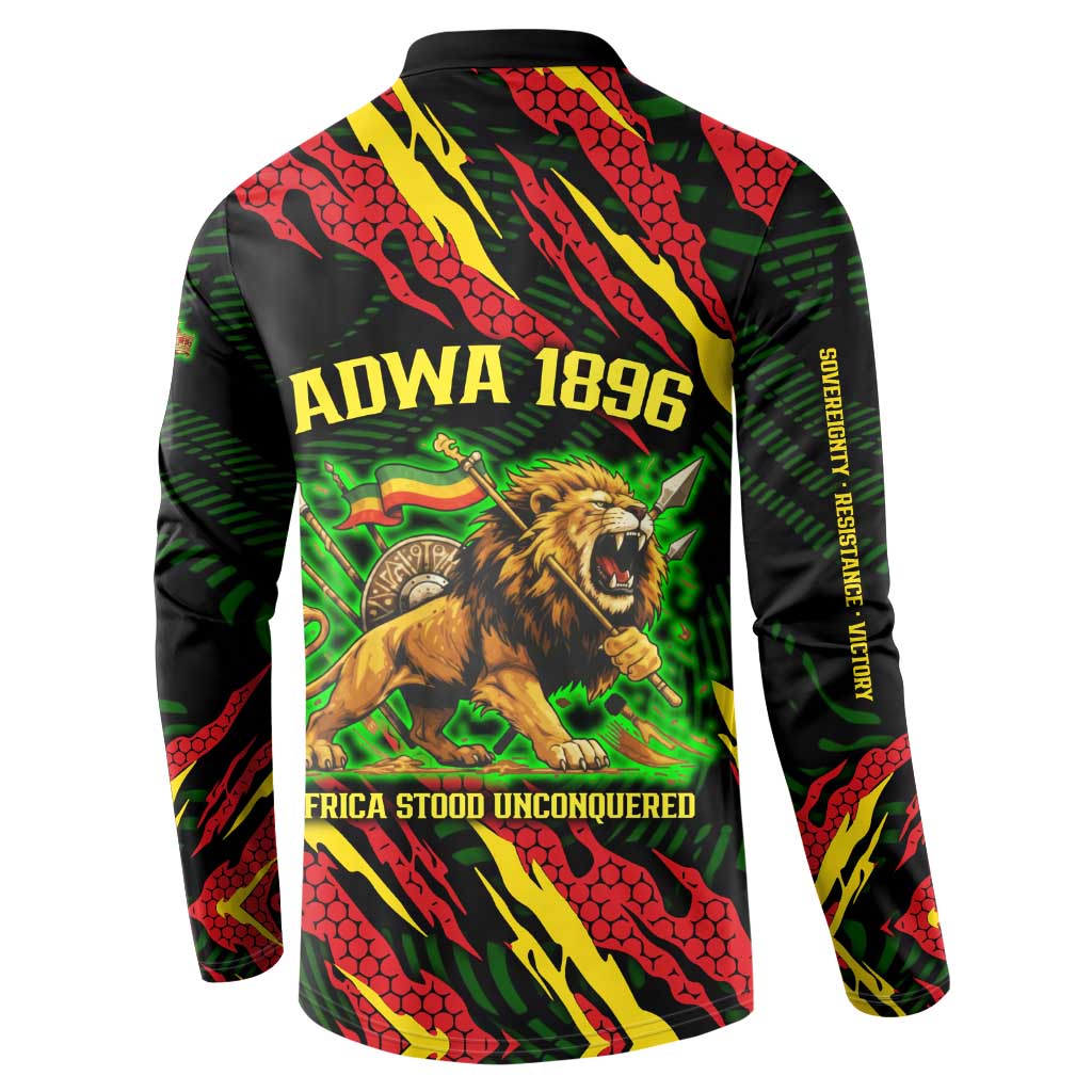 Menelik II Button Sweatshirt with Lion of Adwa Title, Battle of Adwa 1896 Graphic and Bold Pan-African