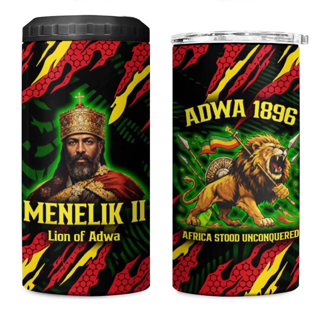 Menelik II 4 in 1 Can Cooler Tumbler with Lion of Adwa Title, Battle of Adwa 1896 Graphic and Bold Pan-African - Wonder Print Shop